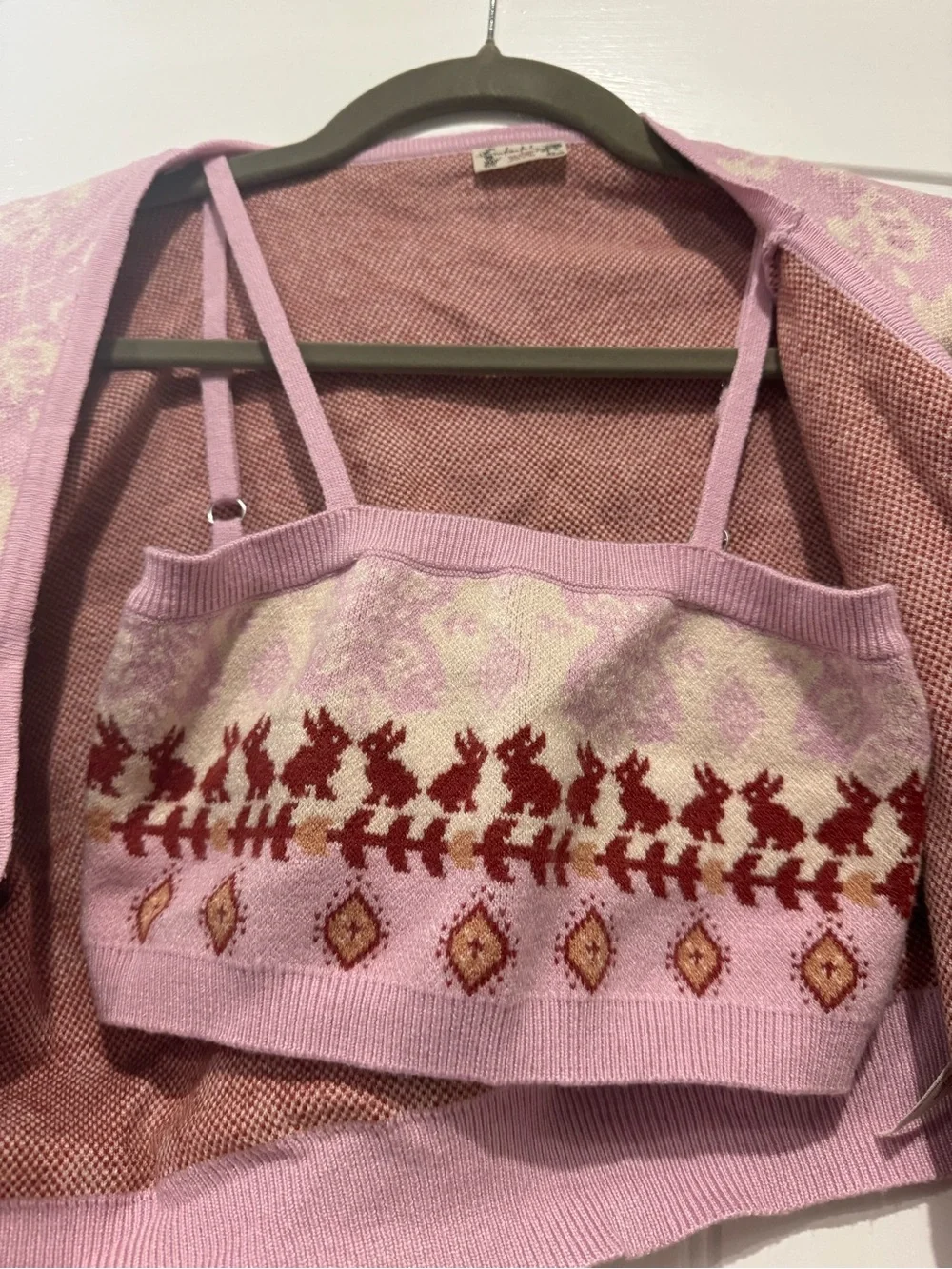 Free People Pink & Red Patterned Knit Cardigan with Matching Crop Top